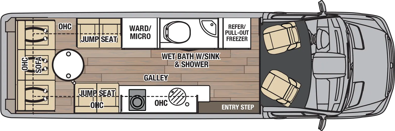 The Galleria 24FL has 0 slideouts and 1 entry door and rear doors. Interior layout from front to back; off-door side refrigerator with pull out freezer; door side near entry step Galley kitchen with LP cooktop and single sink with overhead cabinets; off door wet bath room with toilet and sink; door side jump seat and overhead cabinets; off door wardrobe and microwave next to jump seat and overhead cabinets; rear table with sofa and overhead cabinets.